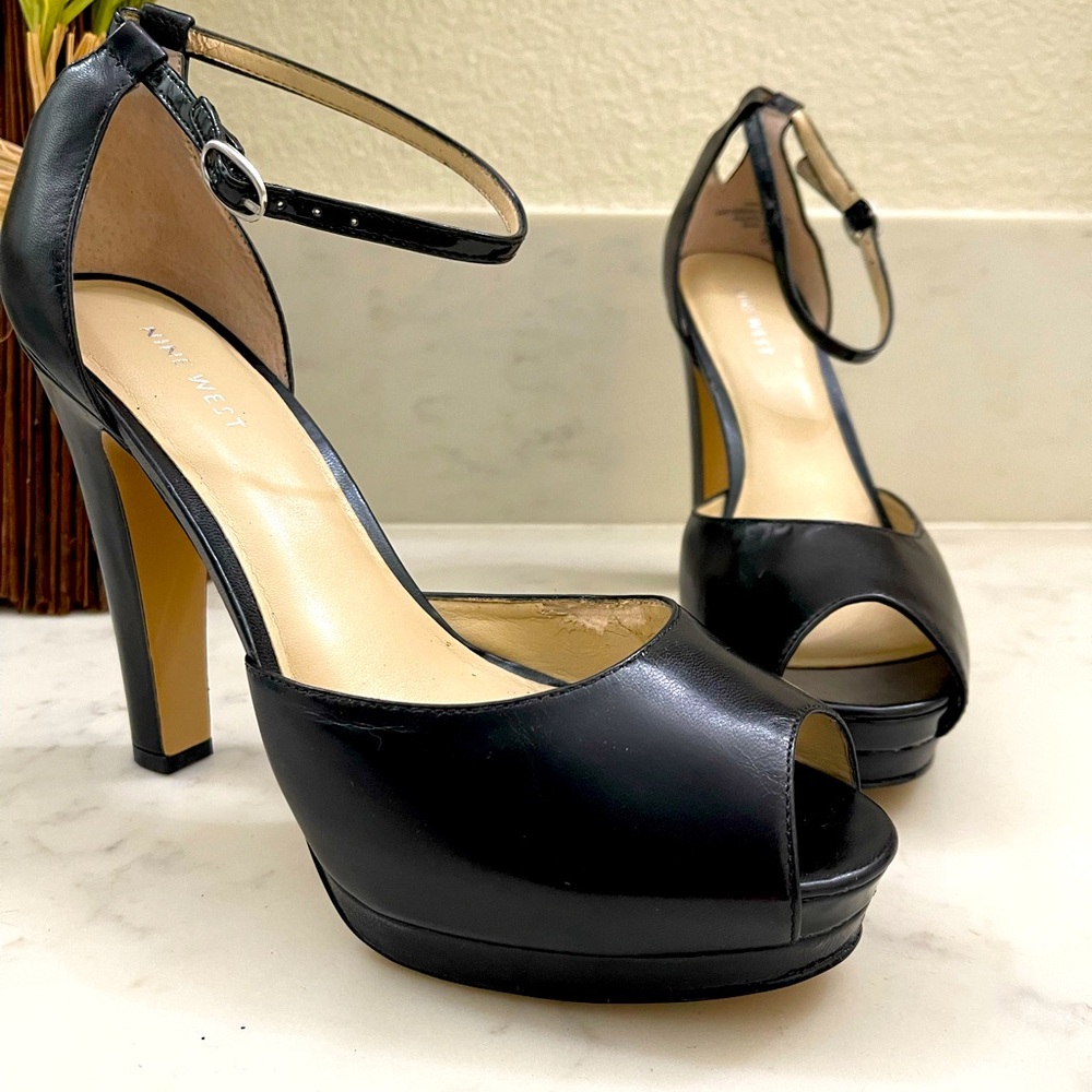 Nine West black leather peep toe heels